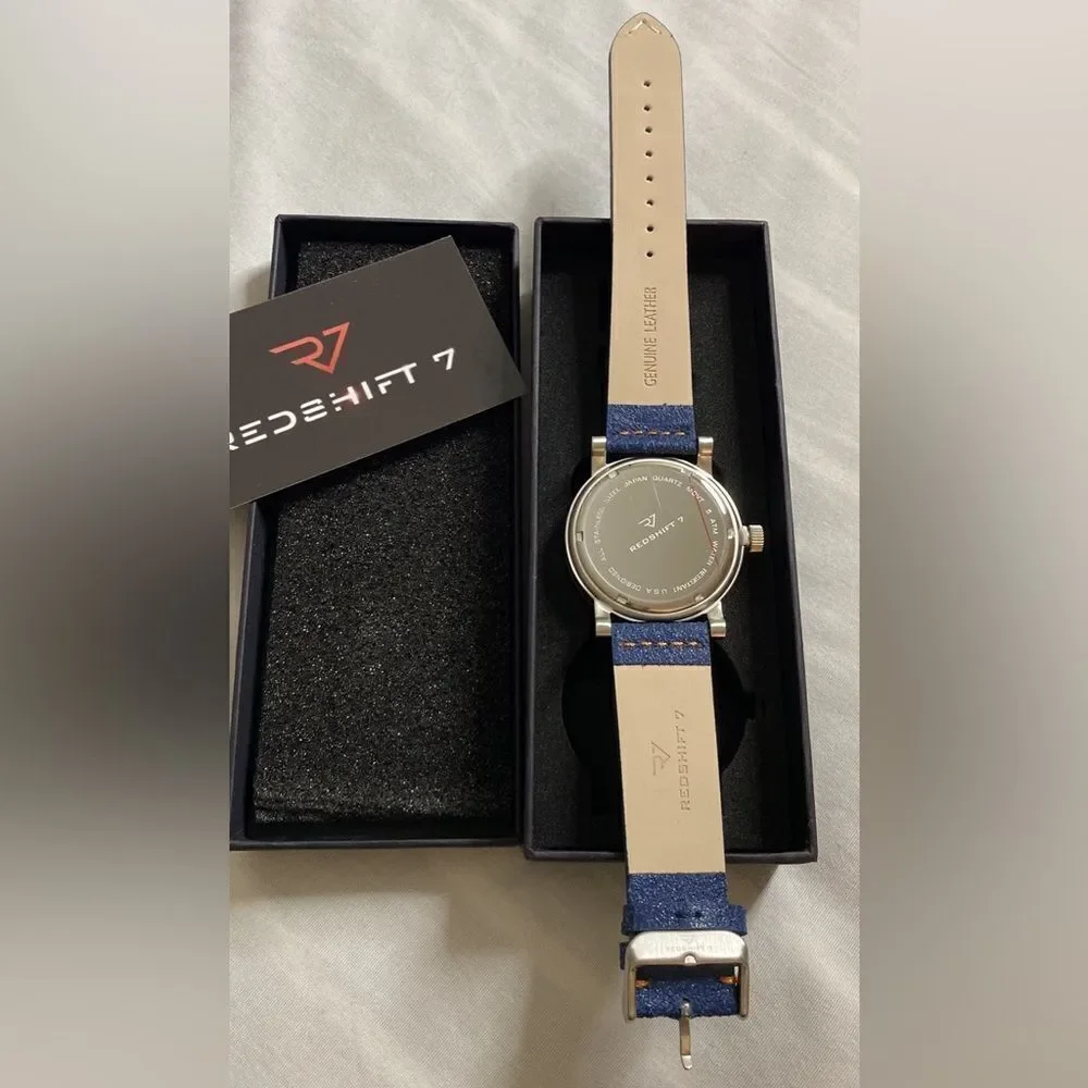 NWB Redshift 7 Blue Watch Stainless Steel Genuine Leather Water Resistant